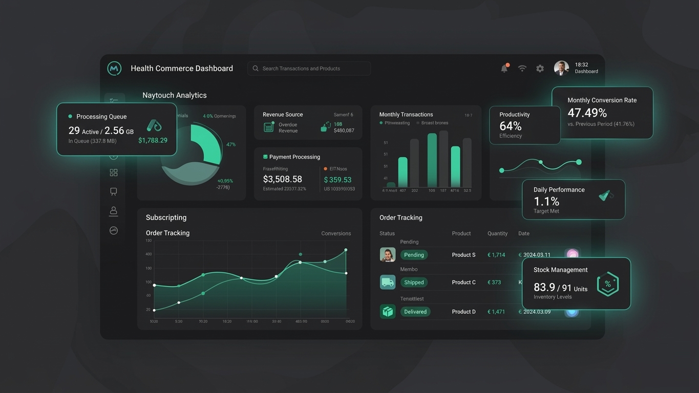 HealthSuite dashboard showing analytics, payment processing, and order tracking